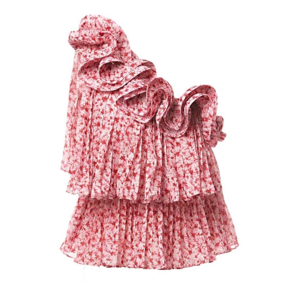 Amur Portia Pink Floral Pleated Tiered One-Shoulder Top medium